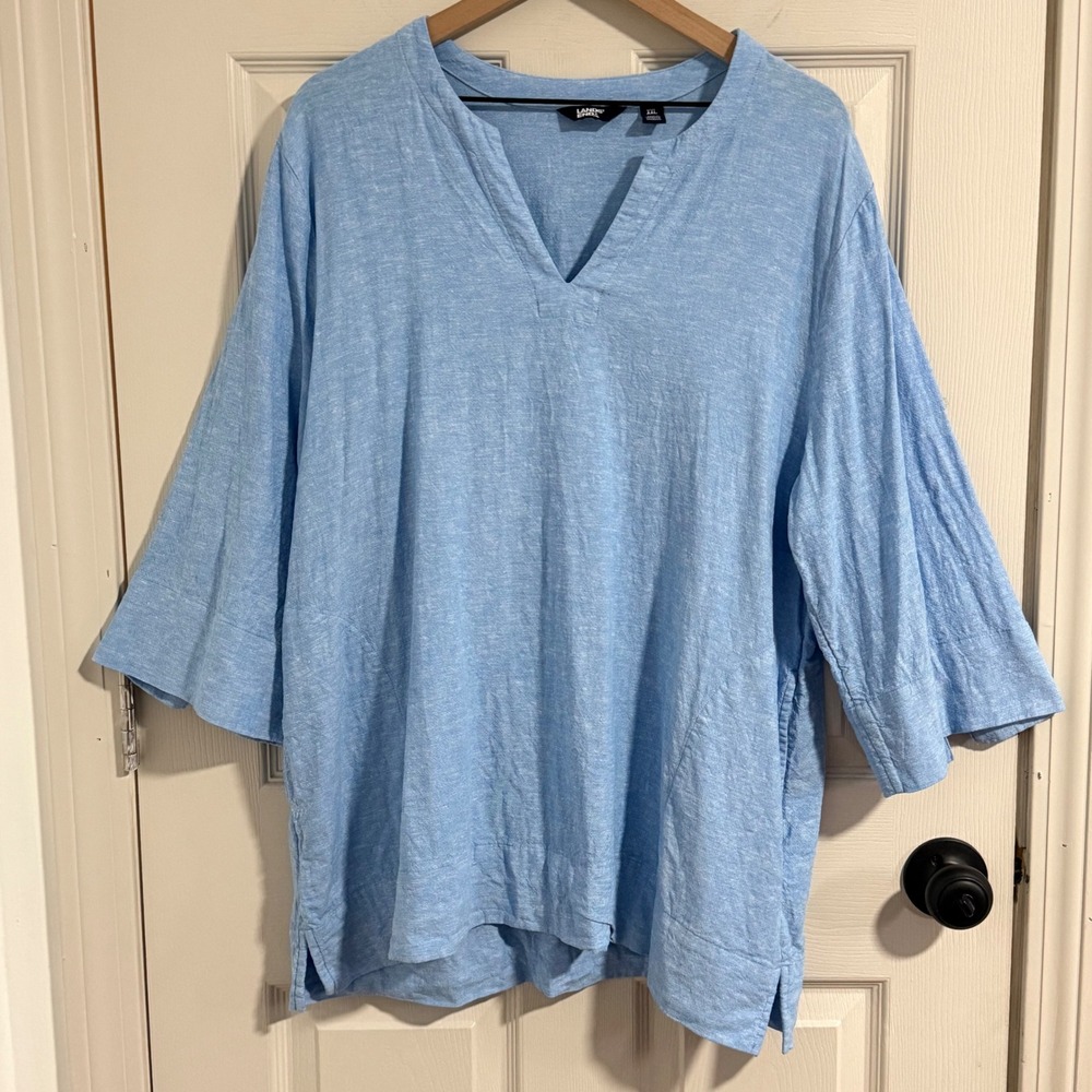 Lands End Blouse Womens XXL Blue Linen Blend V-Neck Tunic Top Relaxed Fit